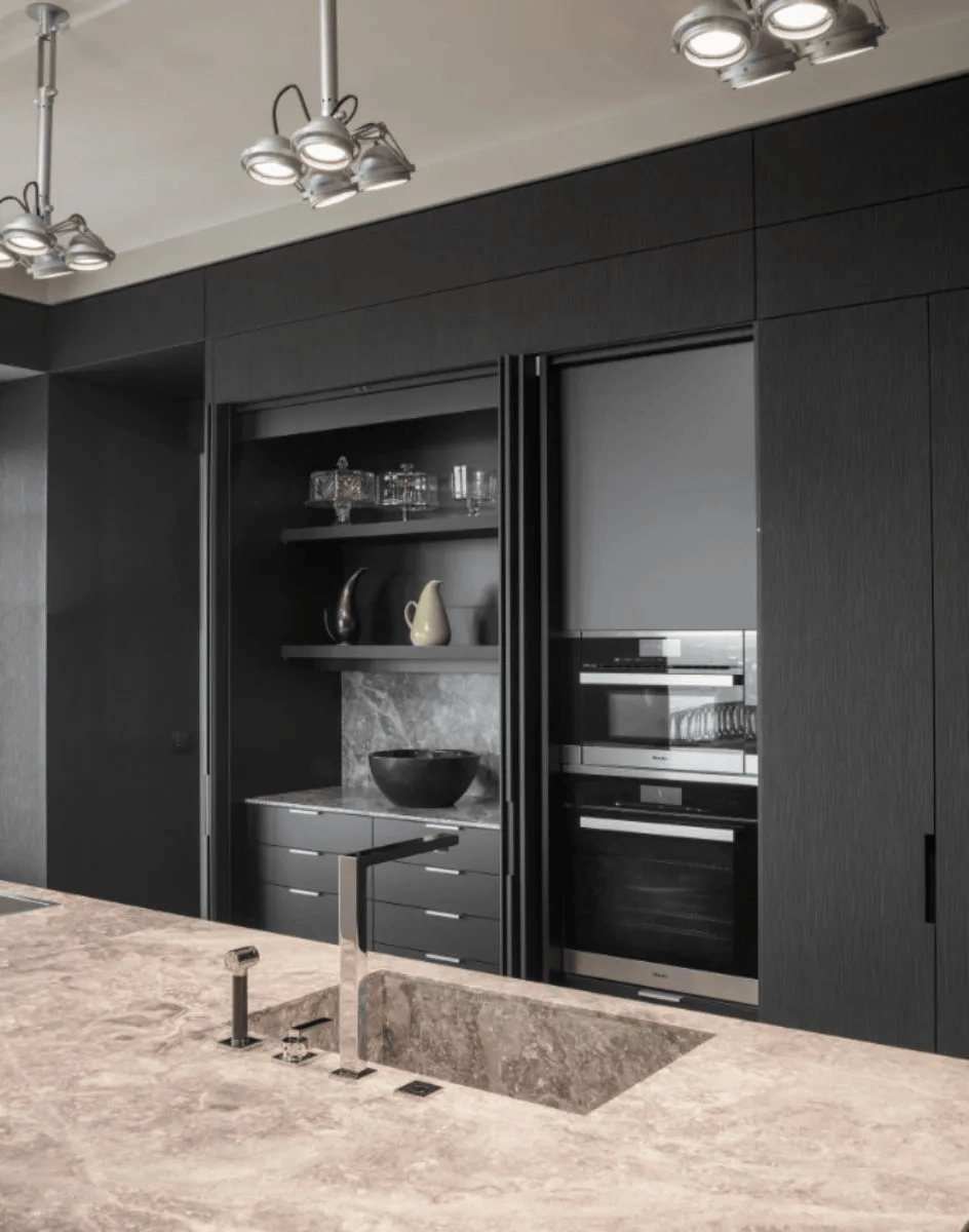 Pocket door pantry with storage