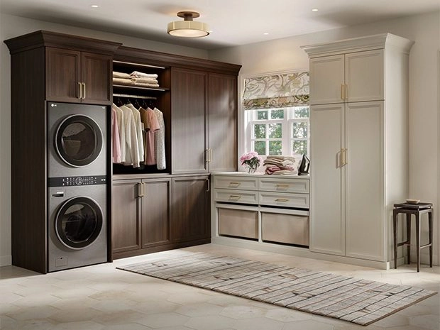 Dark wood grain laundry cabinets