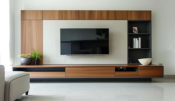 Modern TV wall with wood accents